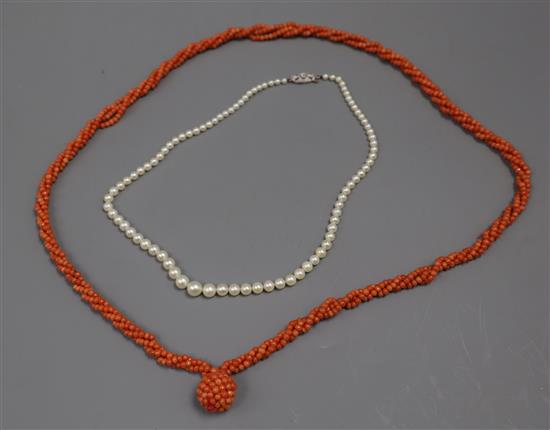 A coral ropetwist necklace with coral cluster drop and a single strand graduated cultured pearl necklace, wit diamond set clasp